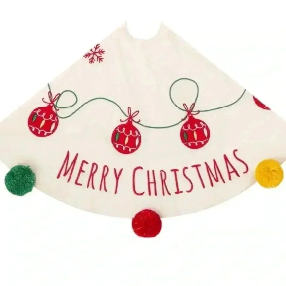 Cream White 32 Inches Christmas Tree Skirt Embroidery Colorful Bright Pompom - Picture 4 of 8